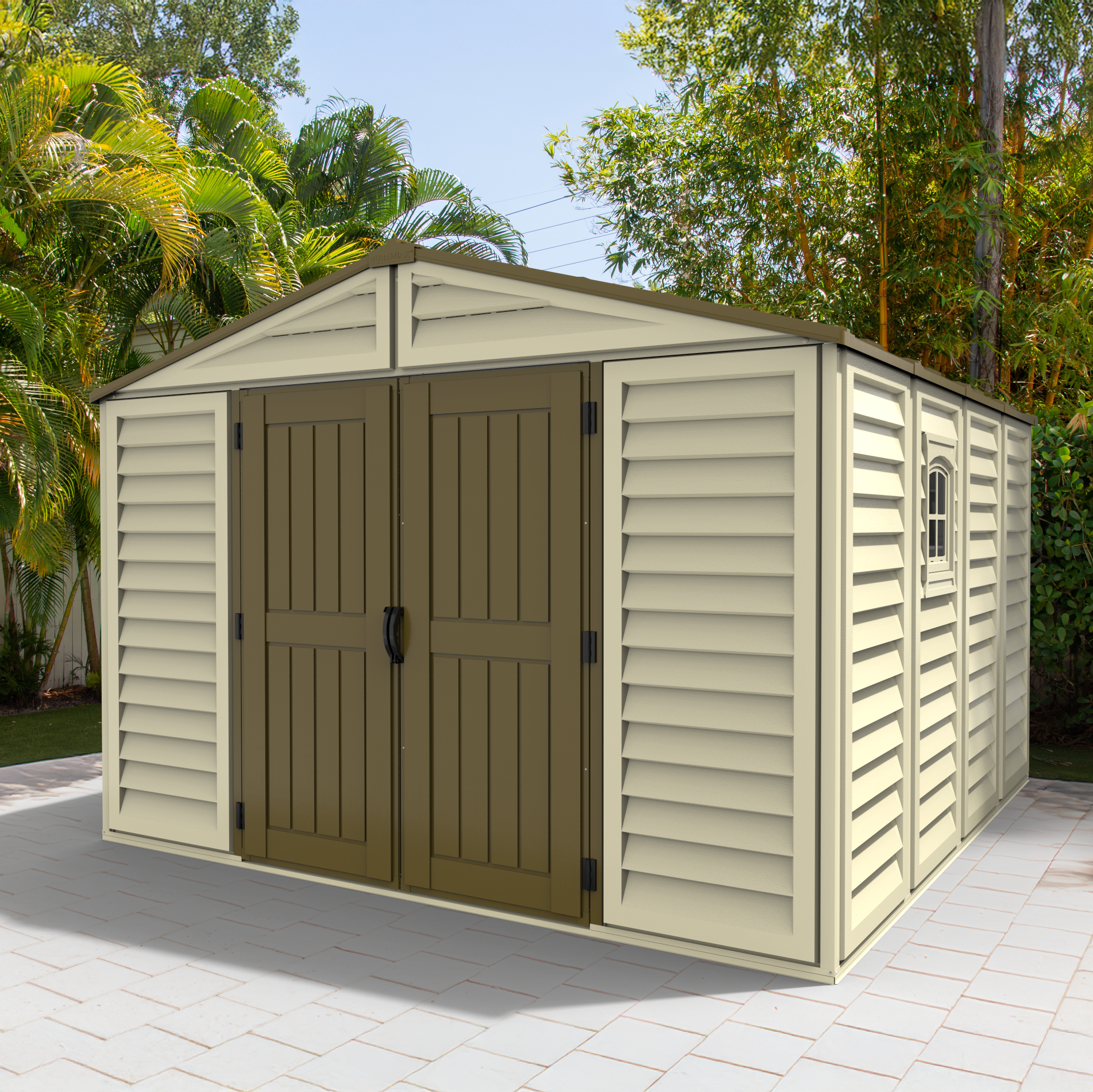 DuraMax 10.5ft x 10.5 ft Woodbridge Plus Vinyl Shed w/ Foundation Kit & Window