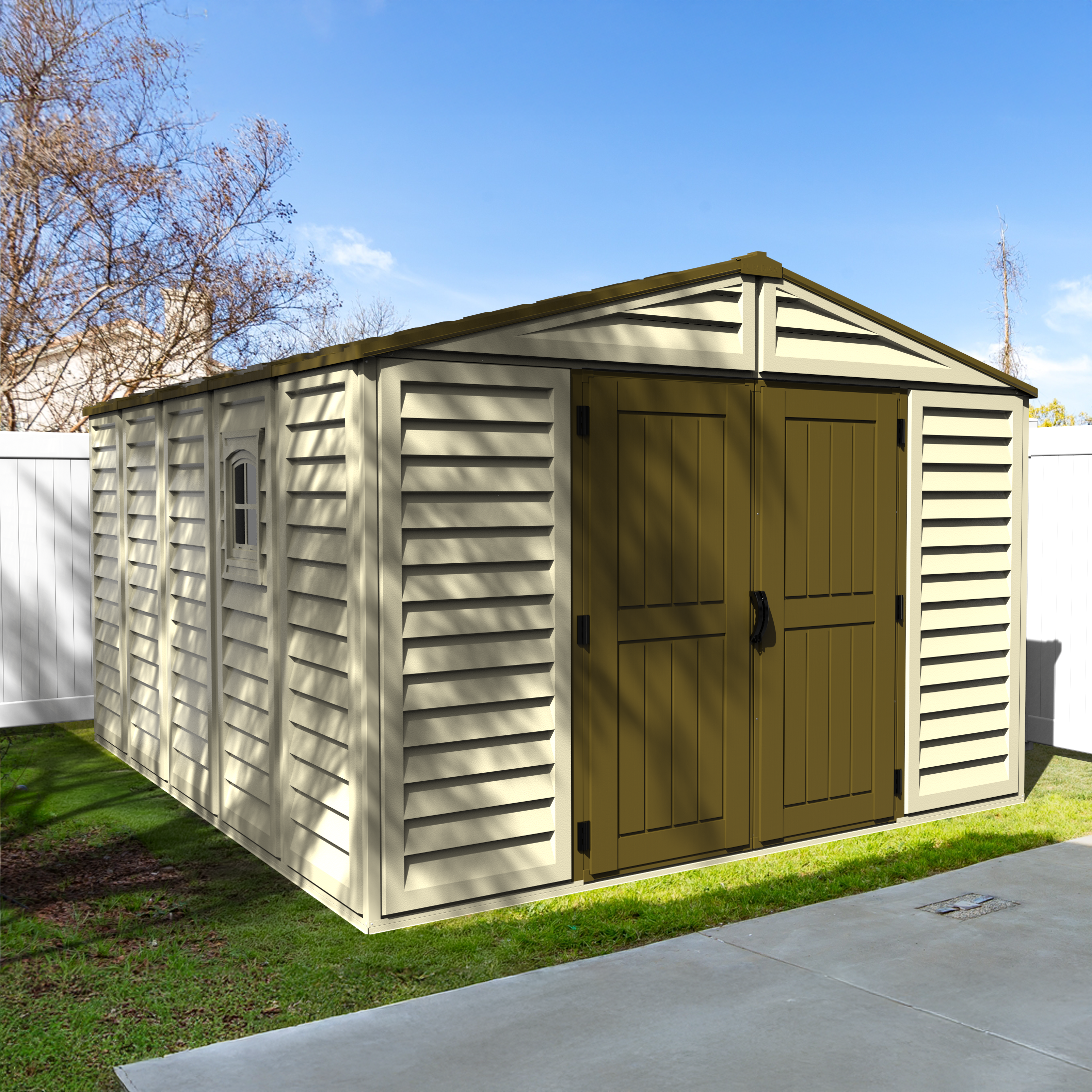 DuraMax 10.5ft x 13ft  Woodbridge Plus Vinyl Shed w/ Foundation Kit & Window