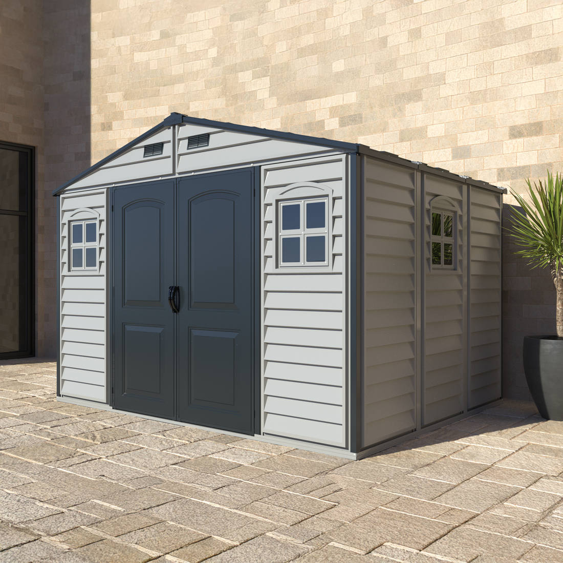 Duramax Woodside Plus 10.5x8 Vinyl Resin Outdoor Storage Shed With Foundation Kit