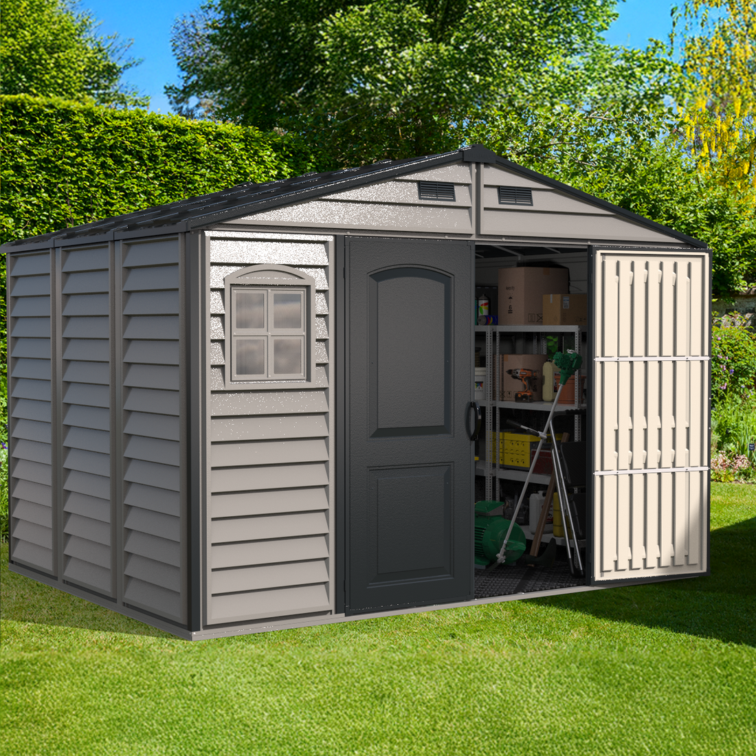 Duramax Woodside Plus 10.5x8 Vinyl Resin Outdoor Storage Shed With Foundation Kit