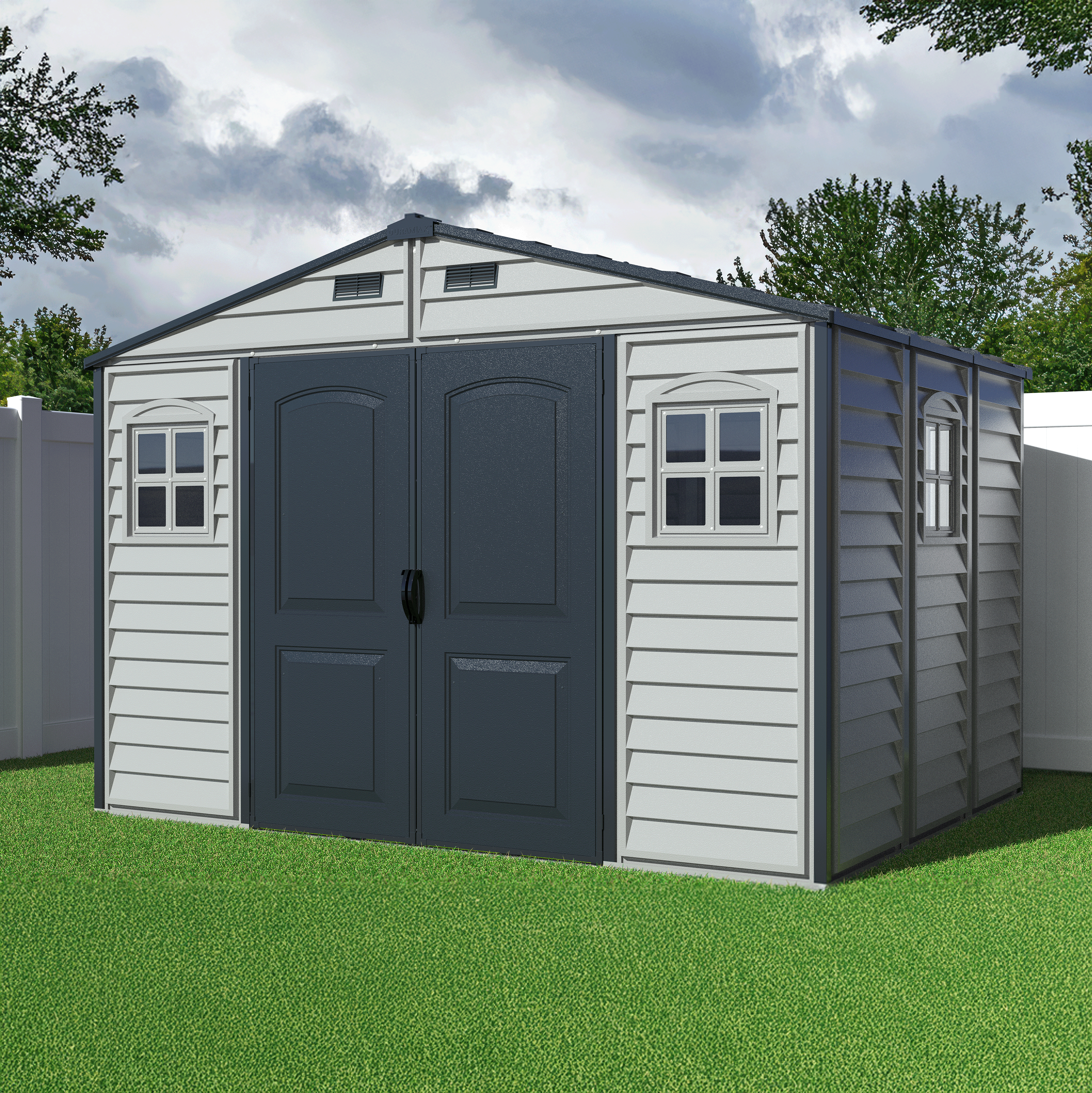 Duramax Woodside Plus 10.5x8 Vinyl Resin Outdoor Storage Shed With Foundation Kit