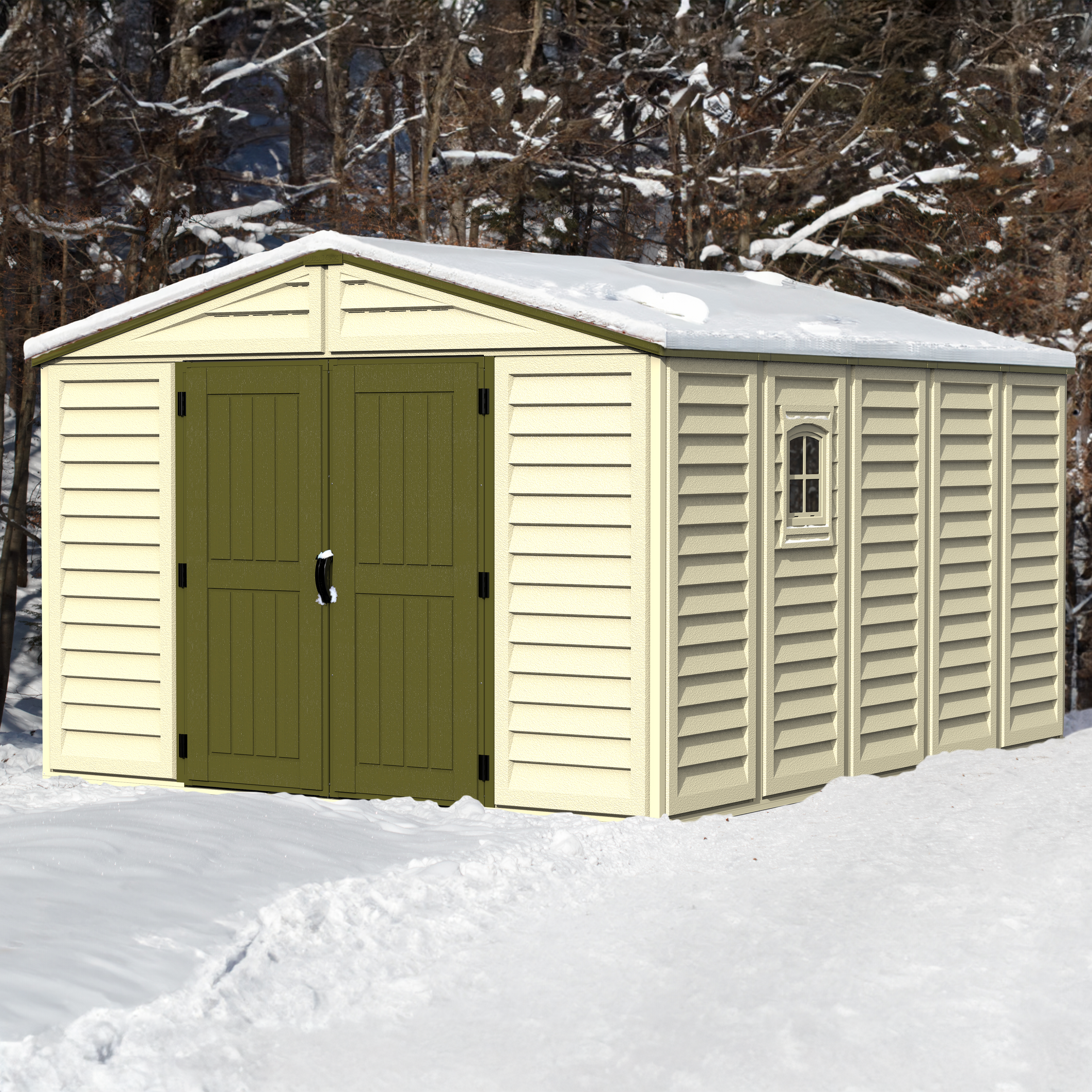 DuraMax 10.5ft x 13ft  Woodbridge Plus Vinyl Shed w/ Foundation Kit & Window