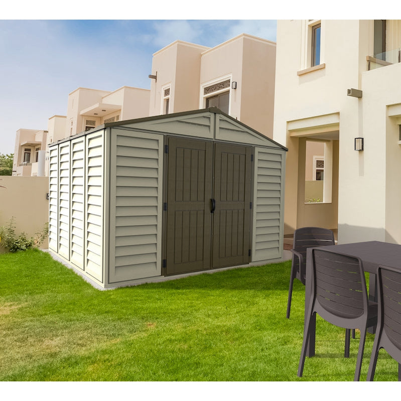 Duramax sheds DuraMax 10.5ft x 10.5 ft Woodbridge Plus Vinyl Shed w/ Foundation Kit & Window