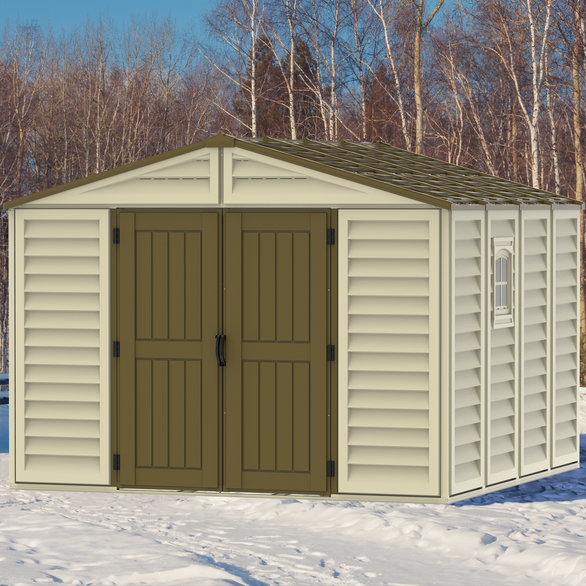 Duramax sheds DuraMax 10.5ft x 10.5 ft Woodbridge Plus Vinyl Shed w/ Foundation Kit & Window