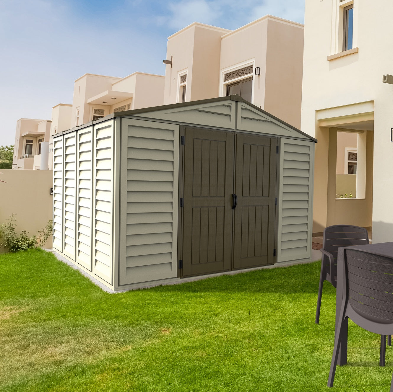 Duramax sheds DuraMax 10.5ft x 10.5 ft Woodbridge Plus Vinyl Shed w/ Foundation Kit & Window