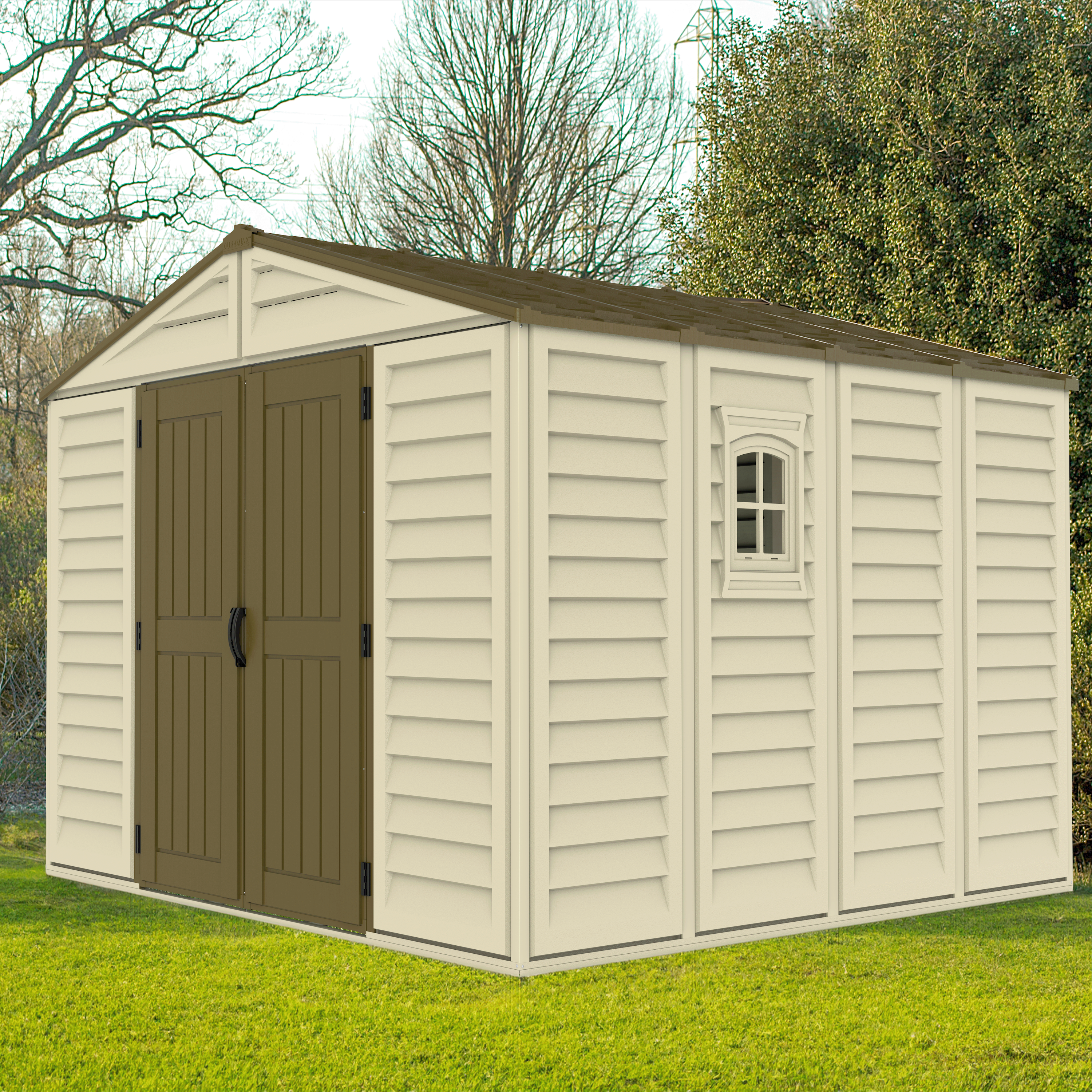 Duramax sheds DuraMax 10.5ft x 10.5 ft Woodbridge Plus Vinyl Shed w/ Foundation Kit & Window