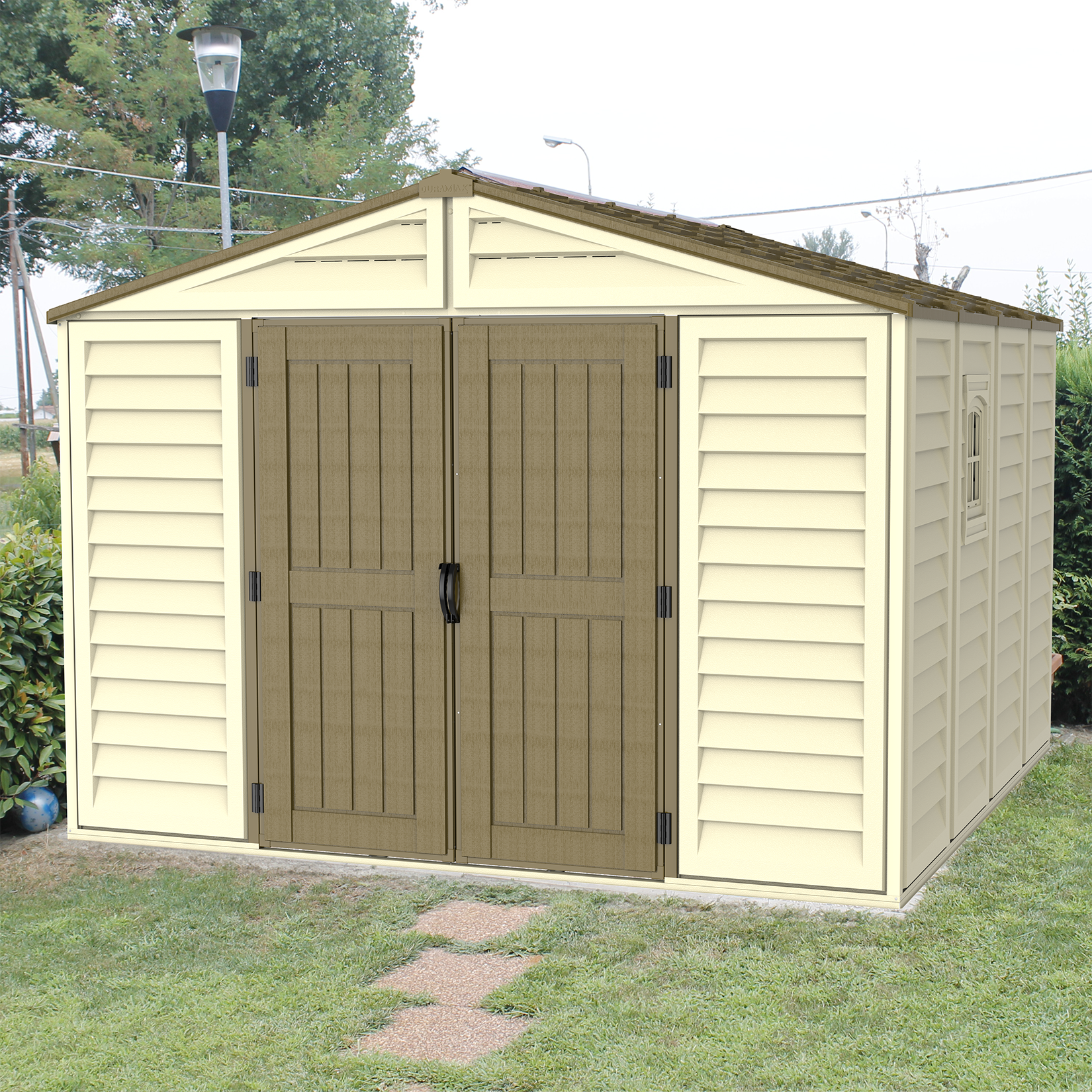 Duramax sheds DuraMax 10.5ft x 10.5 ft Woodbridge Plus Vinyl Shed w/ Foundation Kit & Window