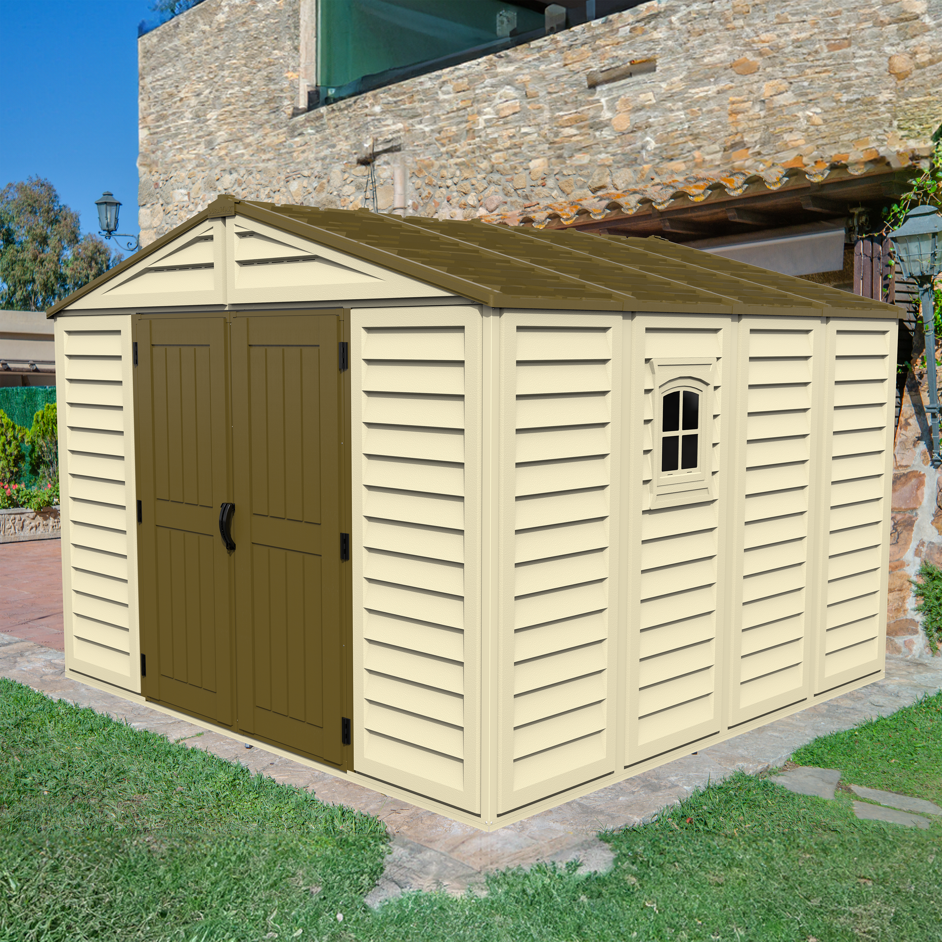 Duramax sheds DuraMax 10.5ft x 10.5 ft Woodbridge Plus Vinyl Shed w/ Foundation Kit & Window