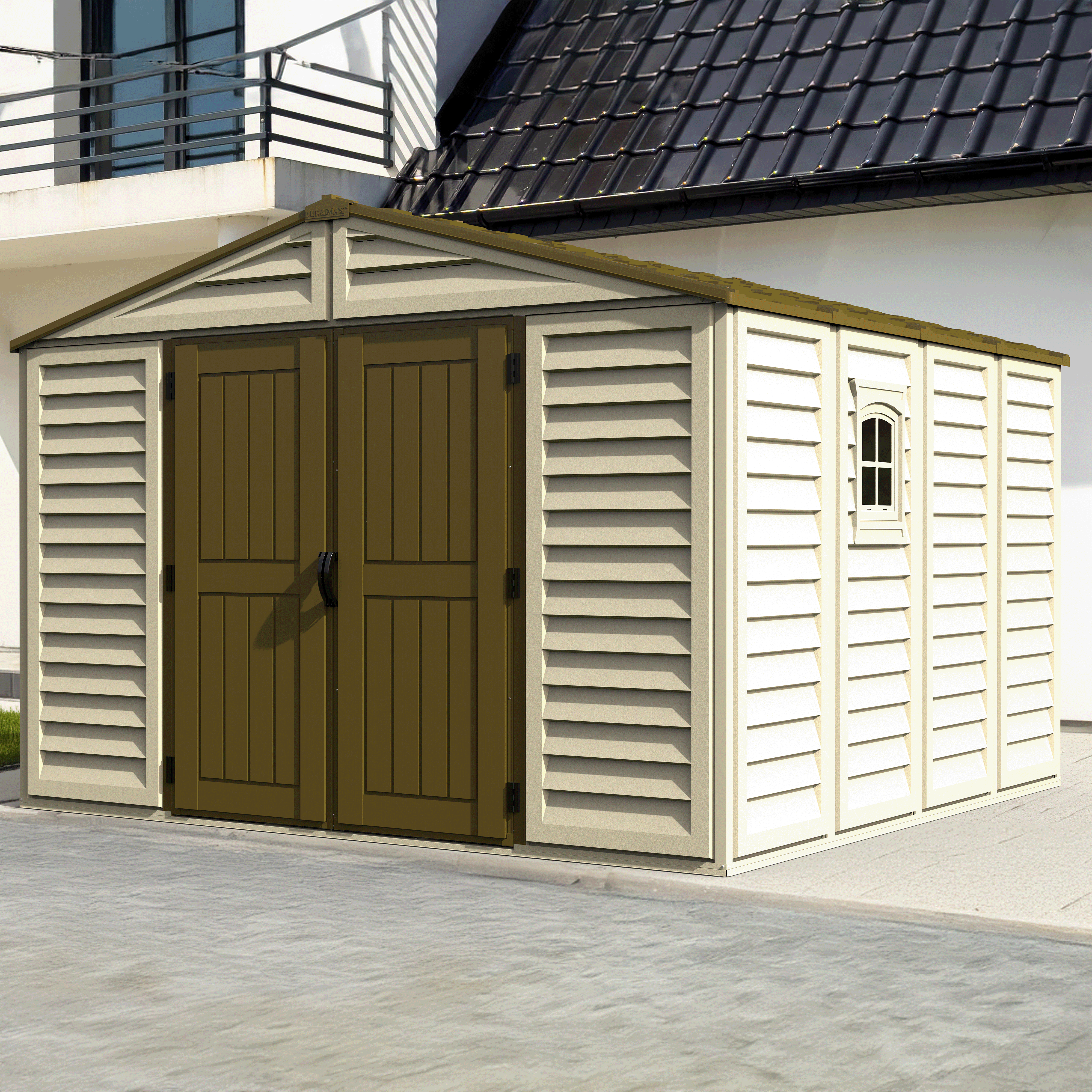 Duramax sheds DuraMax 10.5ft x 10.5 ft Woodbridge Plus Vinyl Shed w/ Foundation Kit & Window