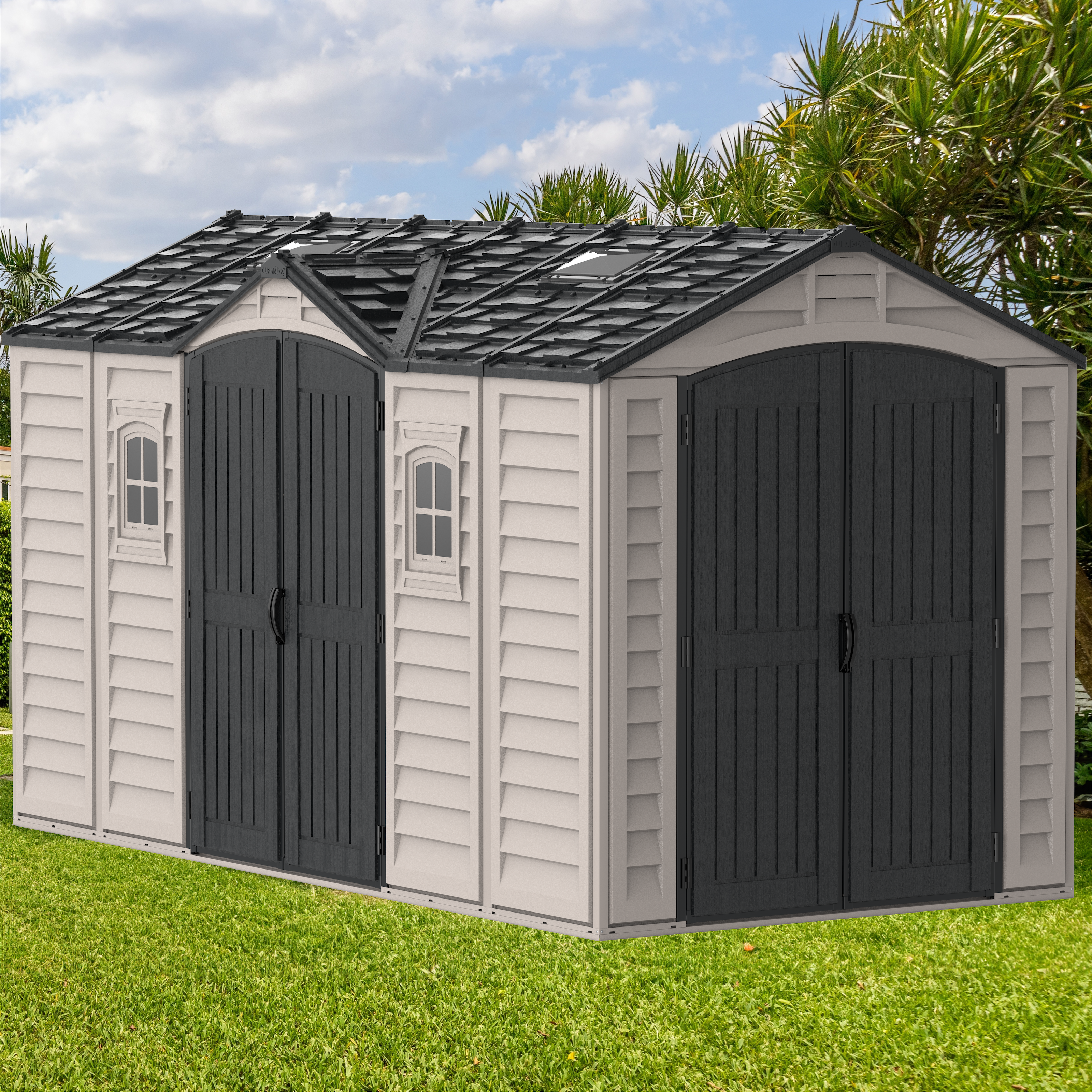 Duramax Vinyl Sheds Duramax 15 x 8 Apex Pro Vinyl Shed with Foundation, 2 Windows and 2 Doors