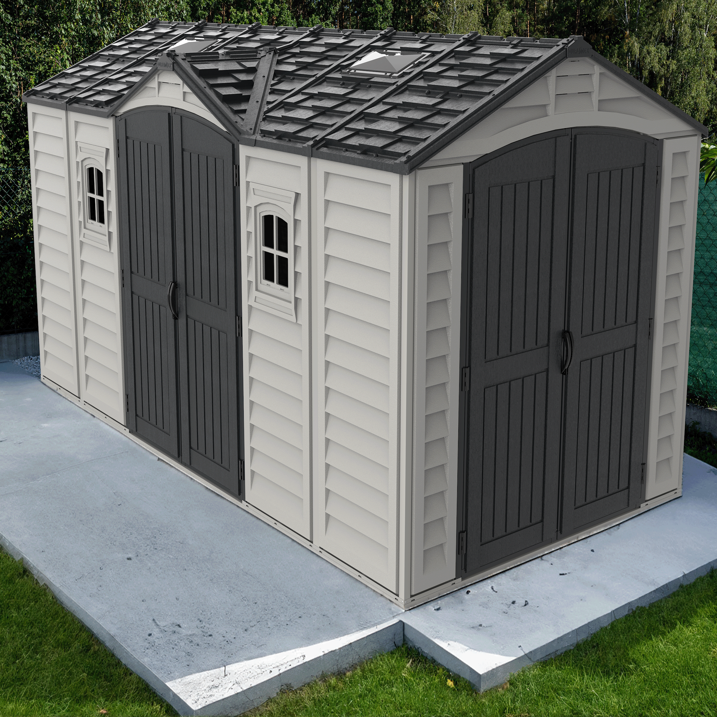 Duramax Vinyl Sheds Duramax 15 x 8 Apex Pro Vinyl Shed with Foundation, 2 Windows and 2 Doors