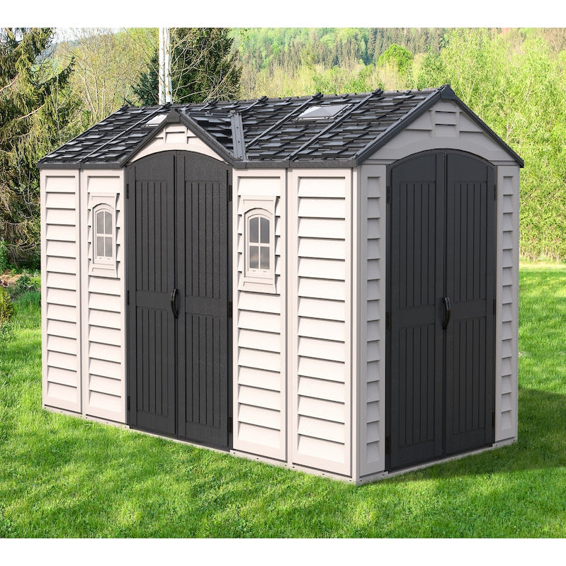 Duramax Vinyl Sheds Duramax 15 x 8 Apex Pro Vinyl Shed with Foundation, 2 Windows and Side Door