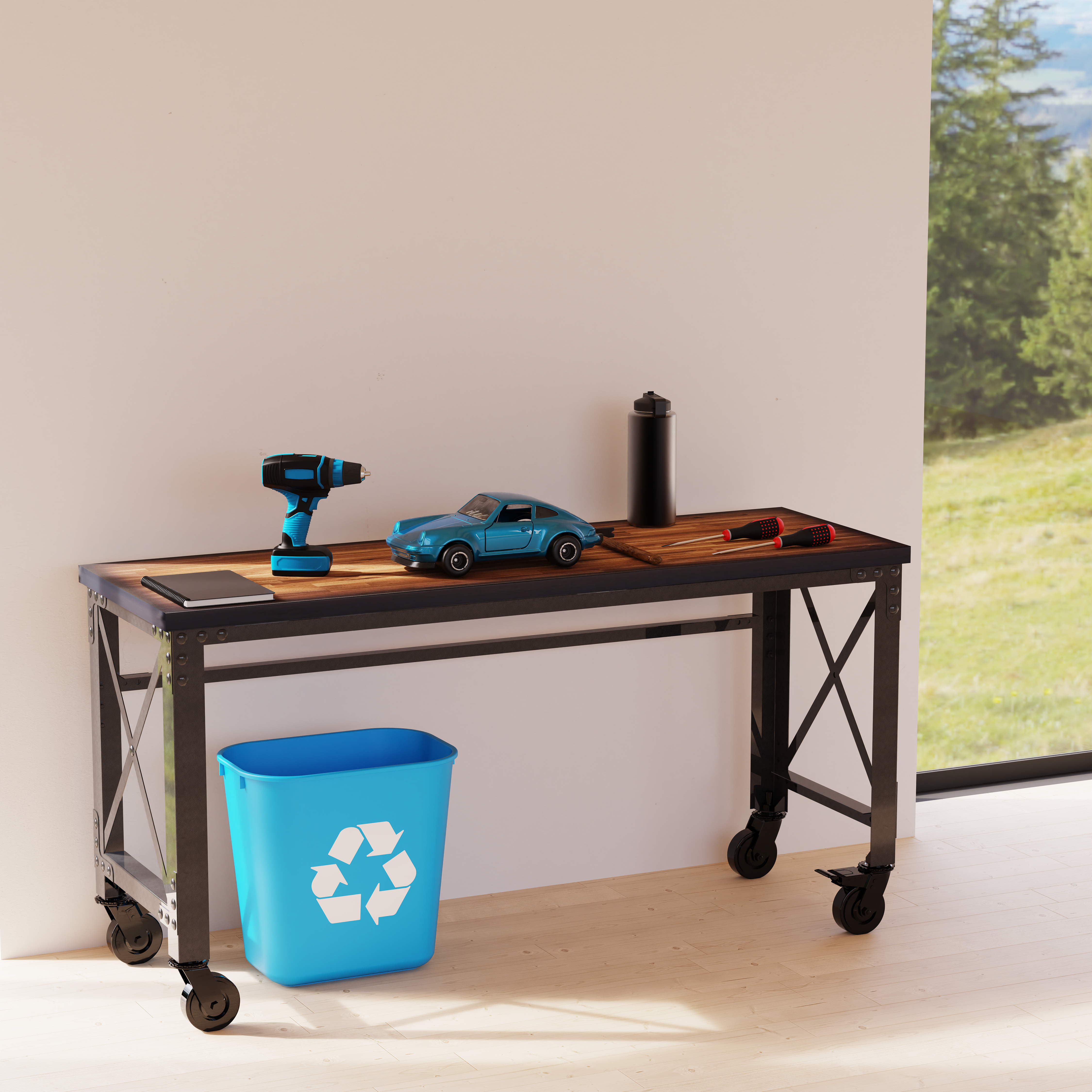 Durasheds furniture Duramax Rolling Industrial Desk with Wooden Top (4 Size Options)