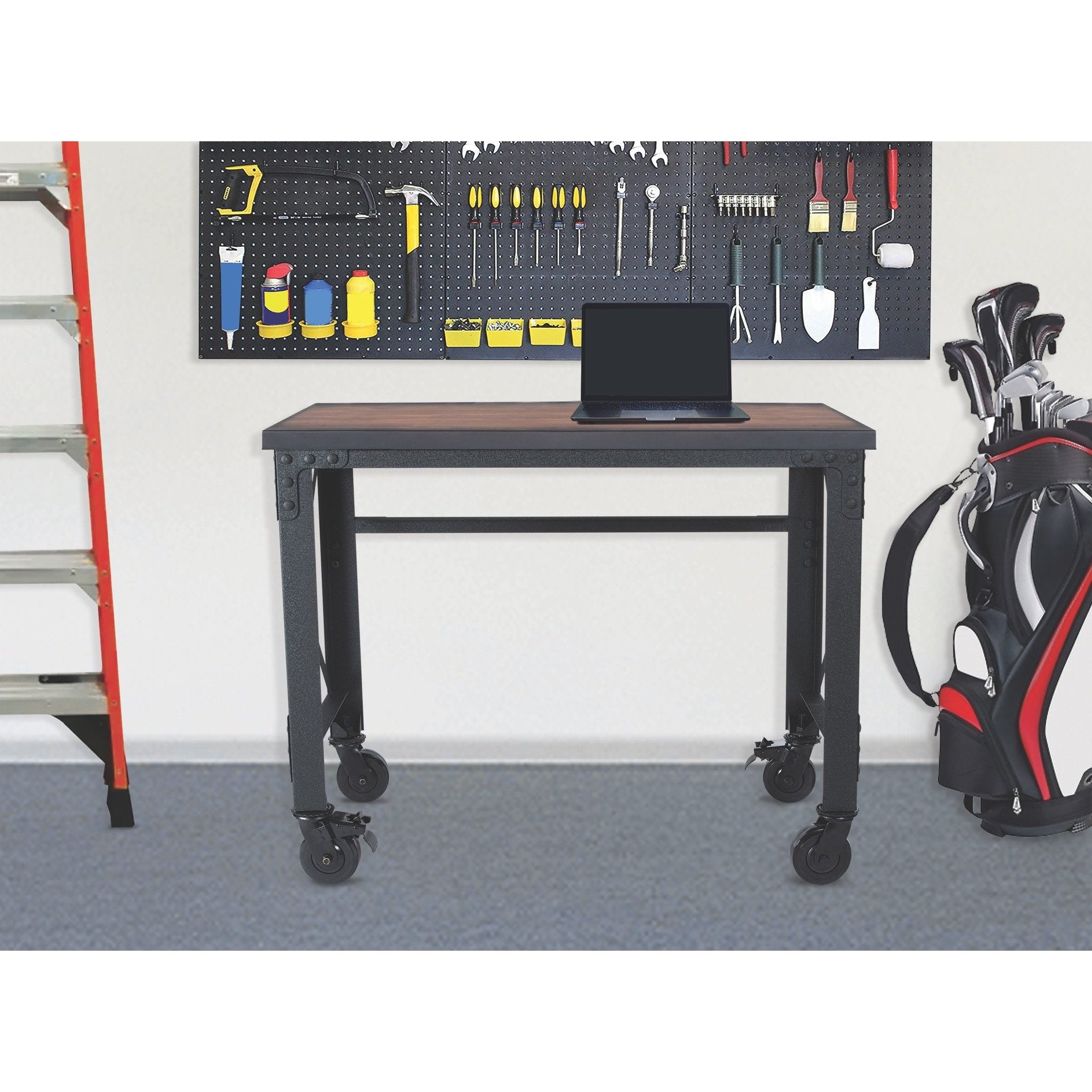 Durasheds furniture Duramax Rolling Industrial Desk with Wooden Top 46 Inches x 24 Inches