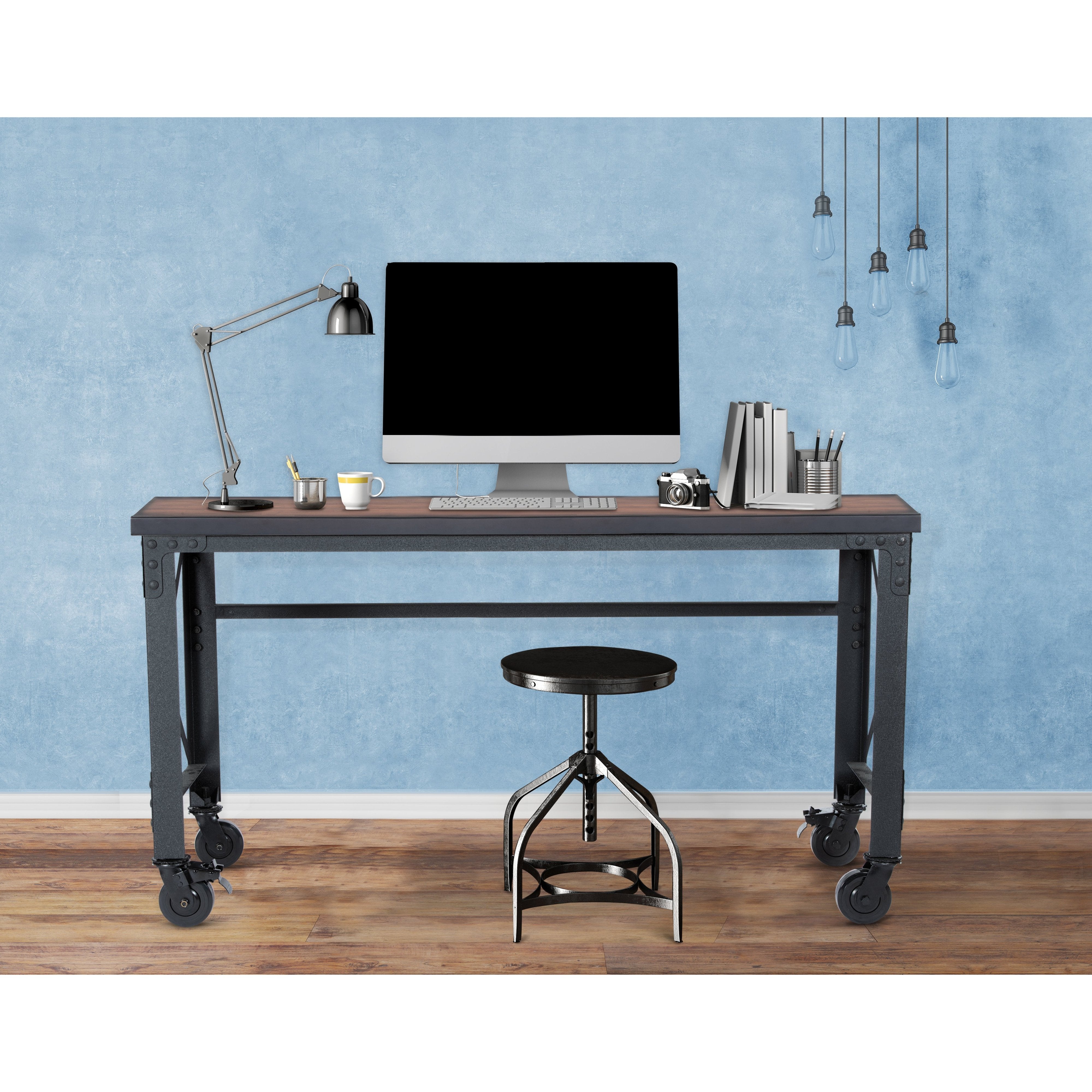 Durasheds furniture Duramax Rolling Industrial Desk with Wooden Top 62 Inches x 24 Inches