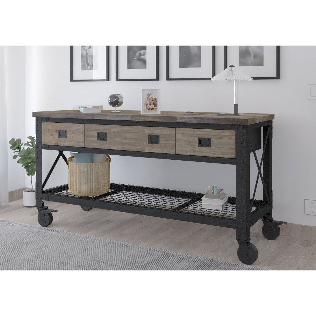 Durasheds garage storage Duramax Rolling Industrial Workbench 72 In x 24 In. 3 Drawer with Wood Top - Aged Macadamia
