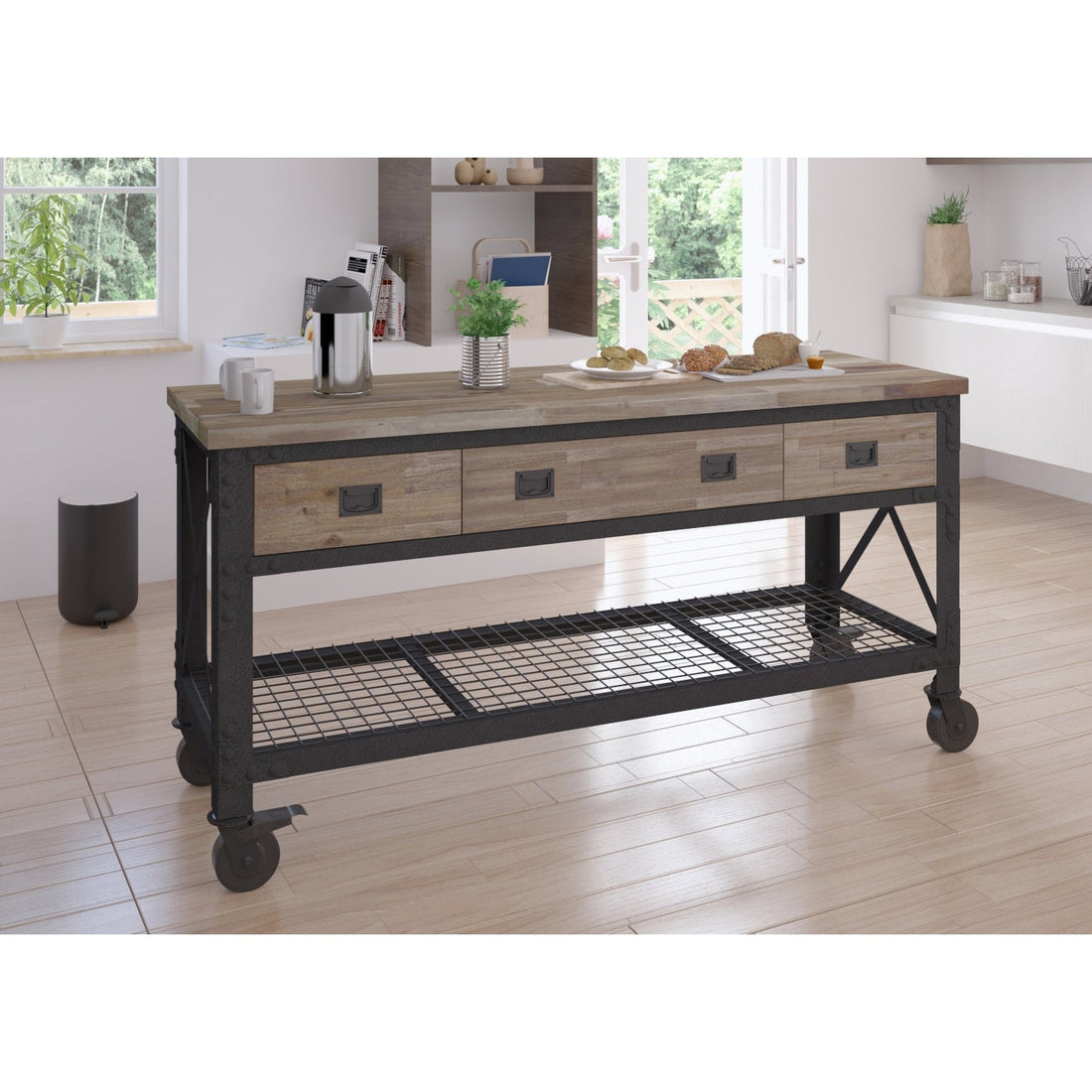 Durasheds garage storage Duramax Rolling Industrial Workbench 72 In x 24 In. 3 Drawer with Wood Top - Aged Macadamia
