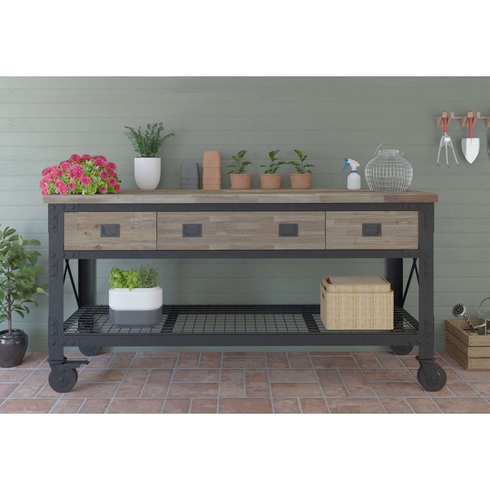 Durasheds garage storage Duramax Rolling Industrial Workbench 72 In x 24 In. 3 Drawer with Wood Top - Aged Macadamia