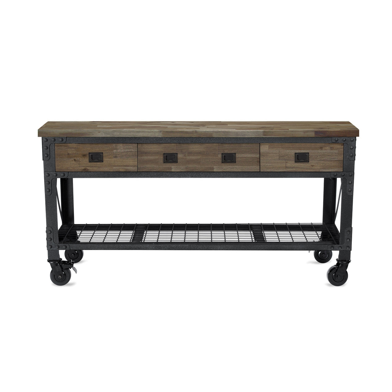 Durasheds garage storage Duramax Rolling Industrial Workbench 72 In x 24 In. 3 Drawer with Wood Top - Aged Macadamia