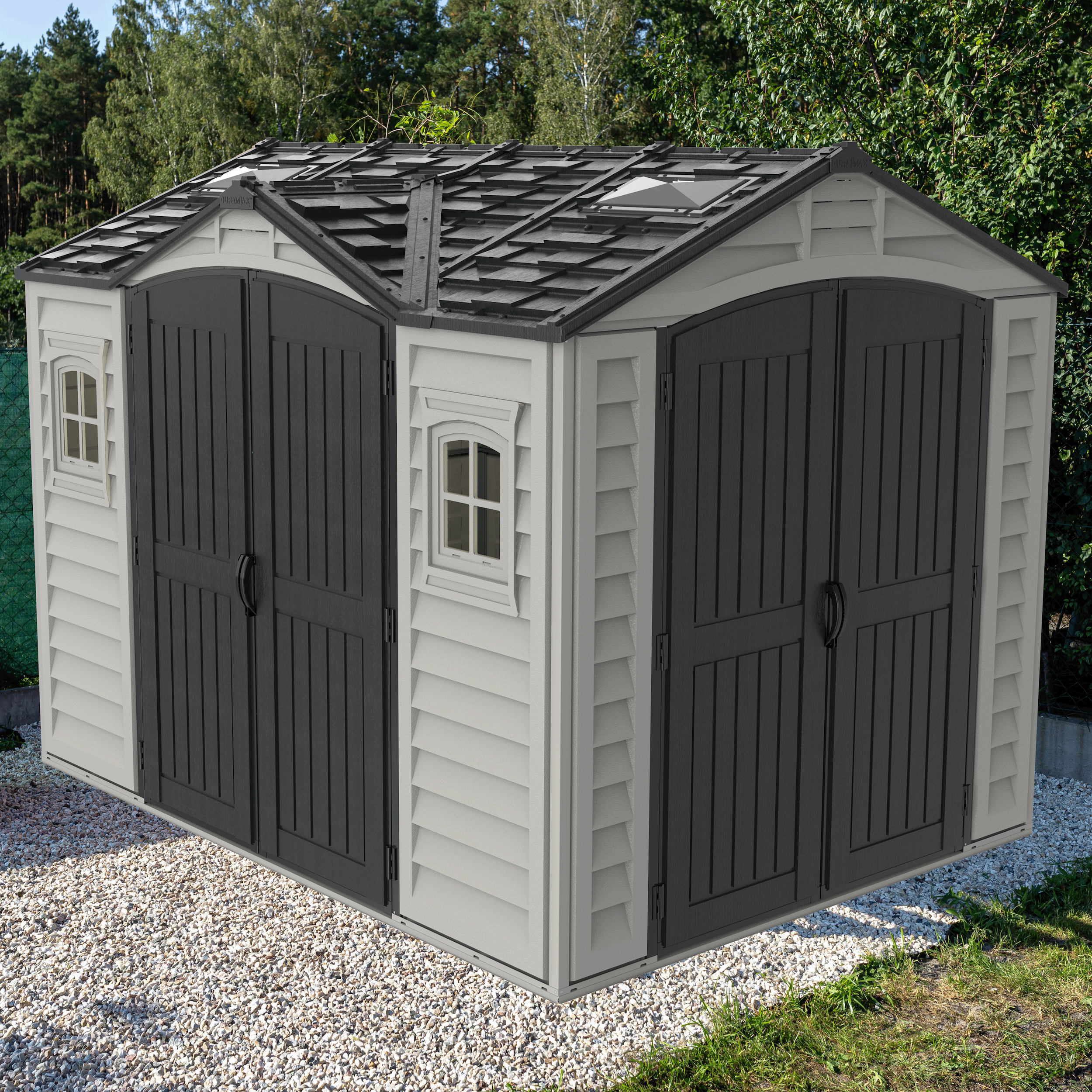 Durasheds Vinyl Sheds Duramax Apex Pro 10.5'X8' Vinyl Shed with Foundation, 2 Windows and Side Door
